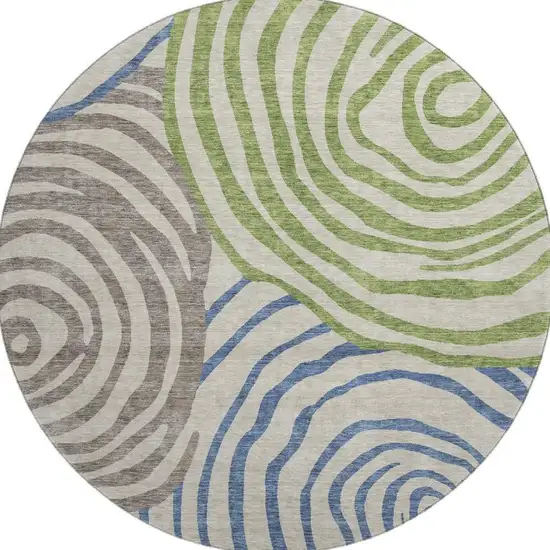 8' Beige Green And Blue Abstract Washable Round Rug With UV Protection Photo 4