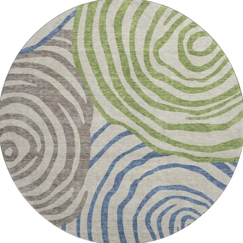 8' Beige Green And Blue Abstract Washable Round Rug With UV Protection Photo 4