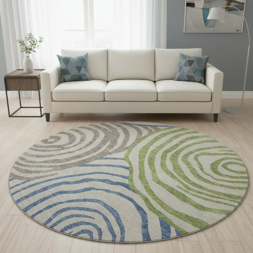 8' Beige Green And Blue Abstract Washable Round Rug With UV Protection Photo 2
