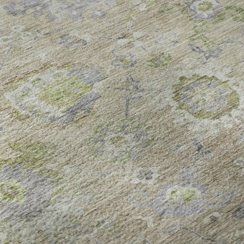 8' Beige Green And Blue Floral Washable Round Rug With UV Protection Photo 8