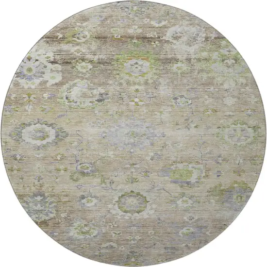 8' Beige Green And Blue Floral Washable Round Rug With UV Protection Photo 3