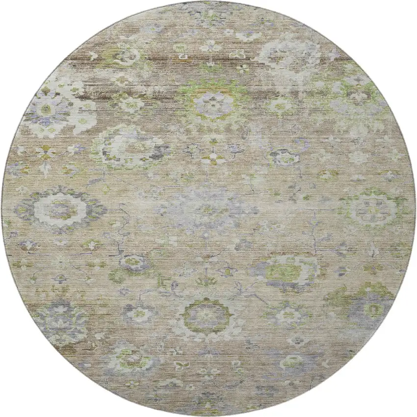 8' Beige Green And Blue Floral Washable Round Rug With UV Protection Photo 3