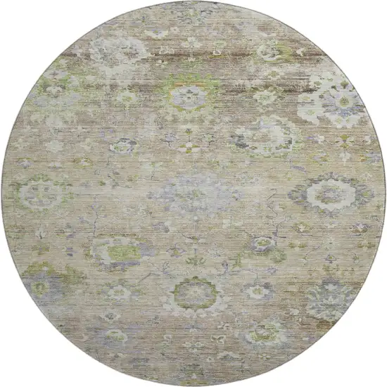 8' Beige Green And Blue Floral Washable Round Rug With UV Protection Photo 1