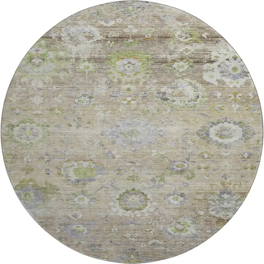 8' Beige Green And Blue Floral Washable Round Rug With UV Protection Photo 1