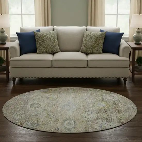 8' Beige Green And Blue Floral Washable Round Rug With UV Protection Photo 2