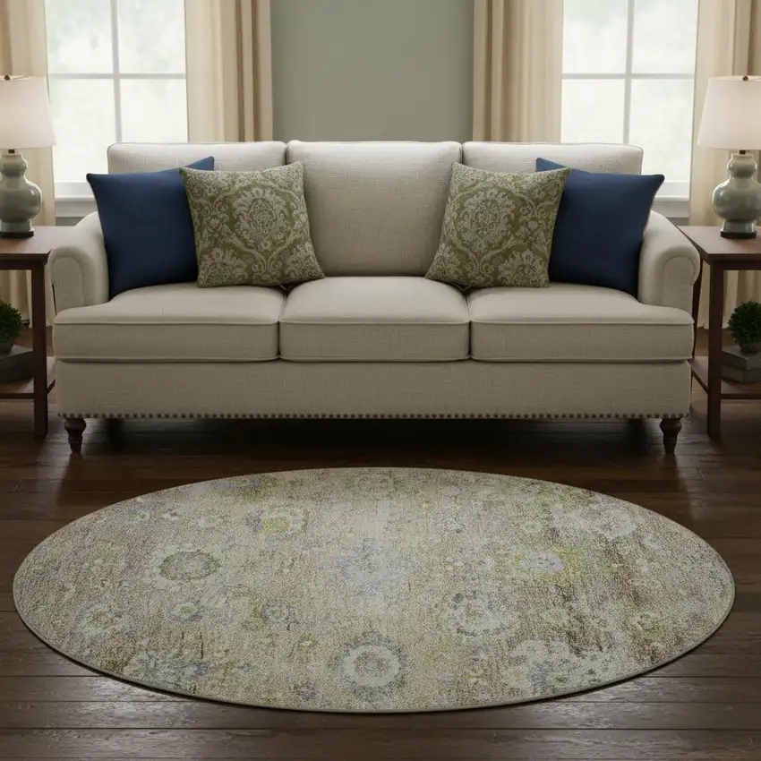 8' Beige Green And Blue Floral Washable Round Rug With UV Protection Photo 2