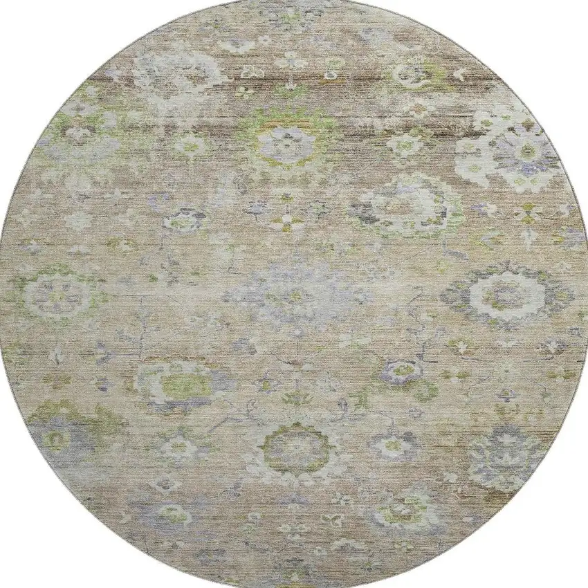 8' Beige Green And Blue Floral Washable Round Rug With UV Protection Photo 2
