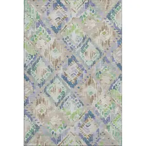 Photo of 8' Beige Green And Blue Geometric Washable Area Rug With UV Protection