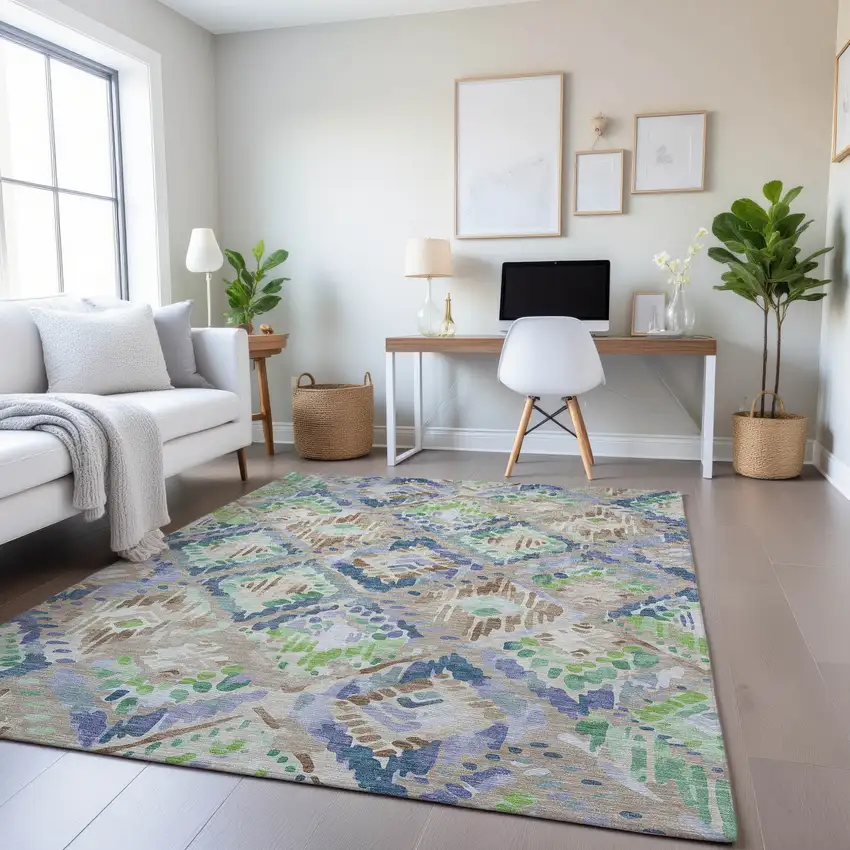 8' Beige Green And Blue Geometric Washable Area Rug With UV Protection Photo 4