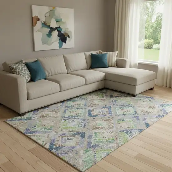 8' Beige Green And Blue Geometric Washable Area Rug With UV Protection Photo 2