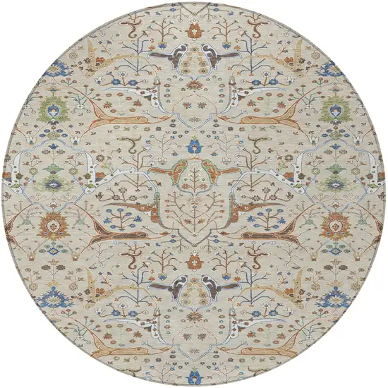 8' Beige Green And Blue Round Floral Washable Indoor Outdoor Area Rug Photo 4