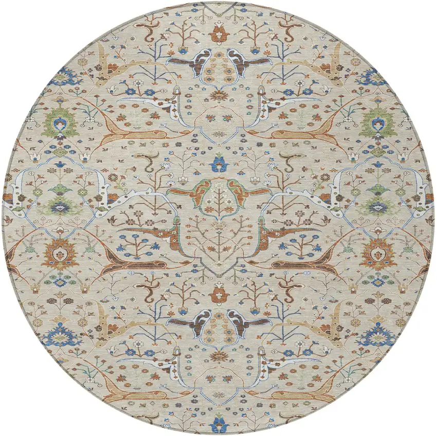 8' Beige Green And Blue Round Floral Washable Indoor Outdoor Area Rug Photo 4