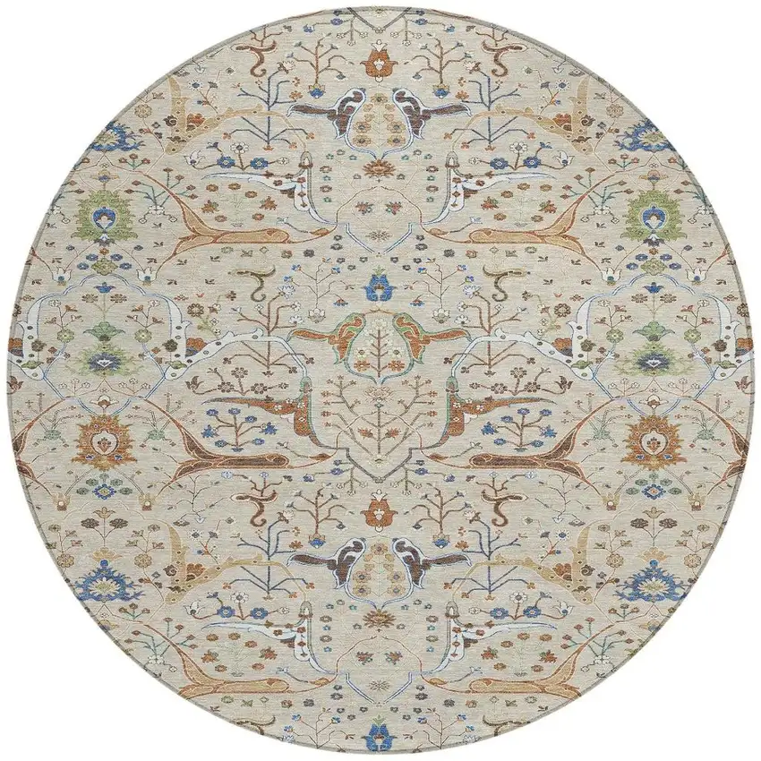 8' Beige Green And Blue Round Floral Washable Indoor Outdoor Area Rug Photo 5