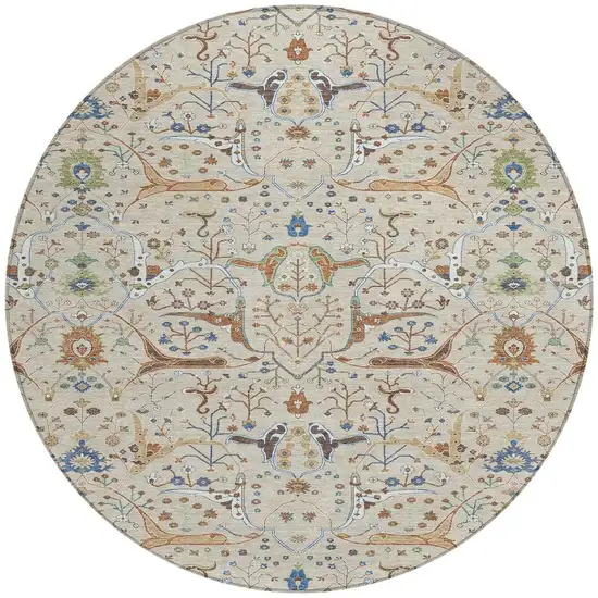 8' Beige Green And Blue Round Floral Washable Indoor Outdoor Area Rug Photo 5