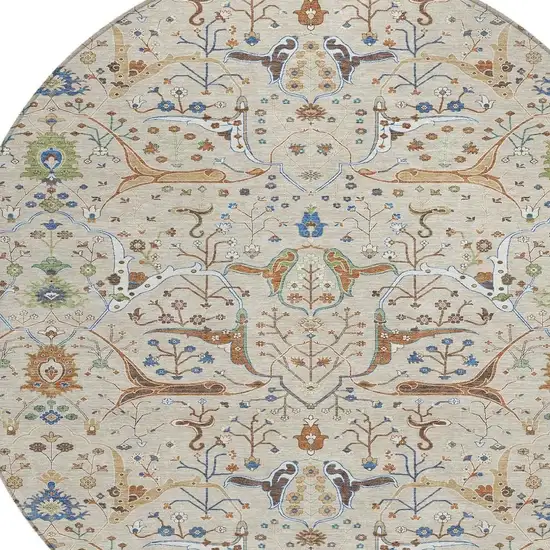 8' Beige Green And Blue Round Floral Washable Indoor Outdoor Area Rug Photo 7