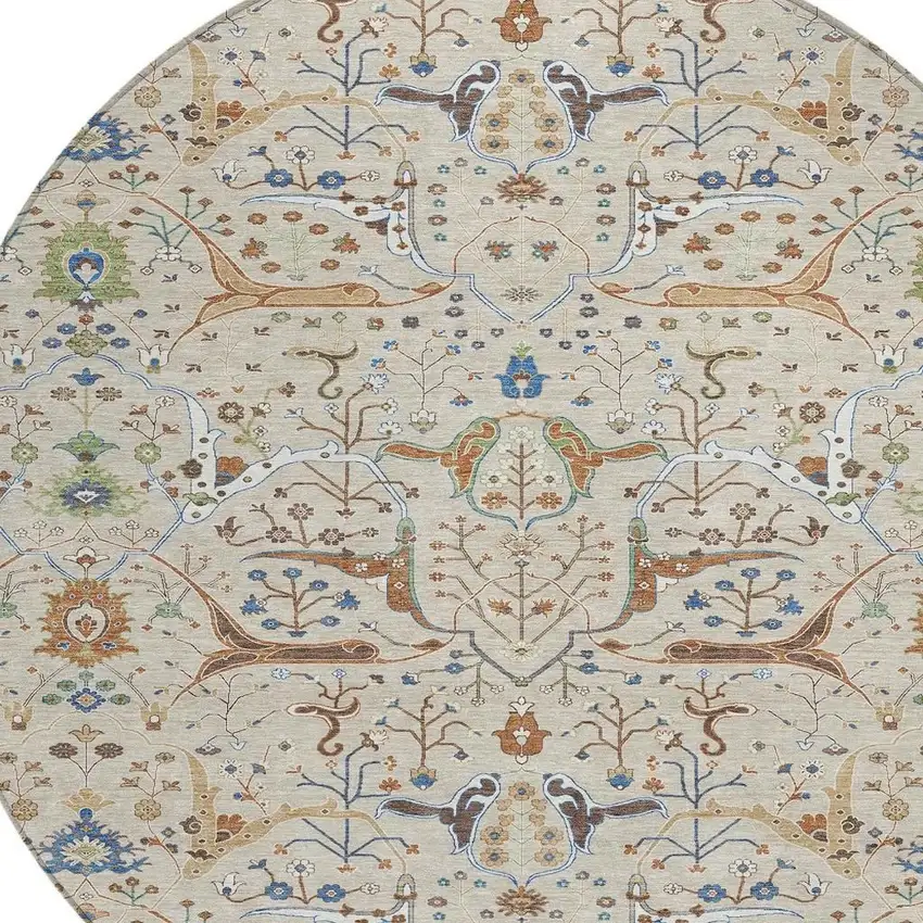 8' Beige Green And Blue Round Floral Washable Indoor Outdoor Area Rug Photo 7