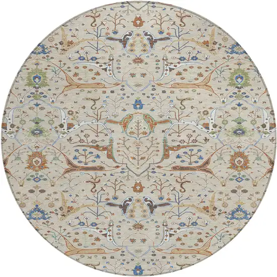 8' Beige Green And Blue Round Floral Washable Indoor Outdoor Area Rug Photo 2