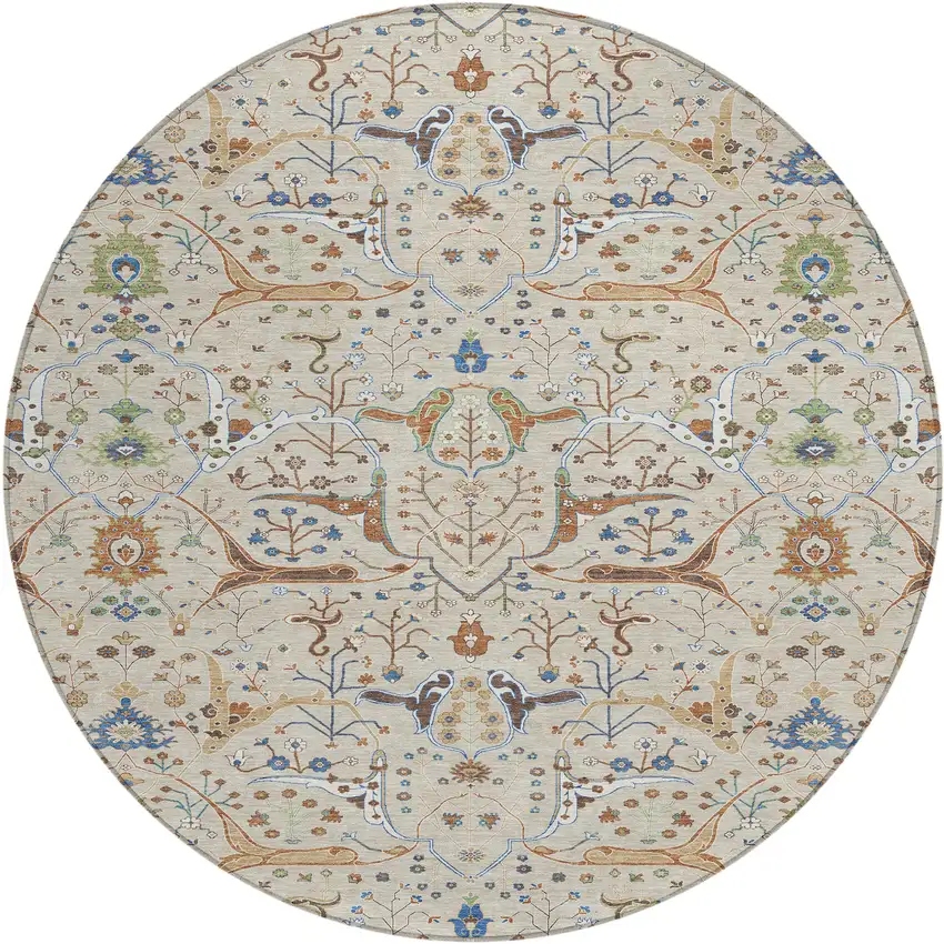 8' Beige Green And Blue Round Floral Washable Indoor Outdoor Area Rug Photo 2