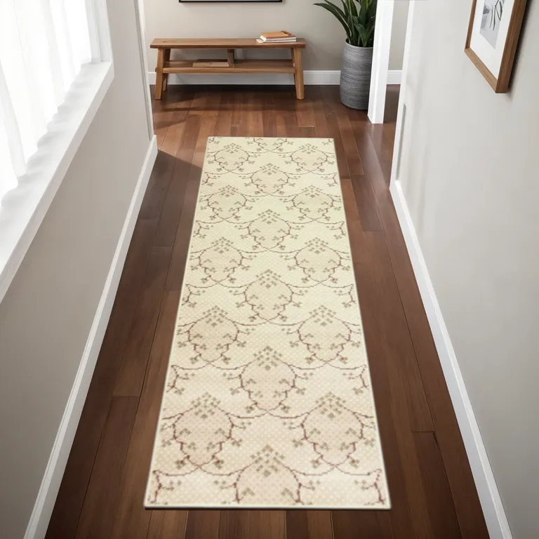 8' Beige Green And Brown Floral Vine Stain Resistant Runner Rug Photo 5