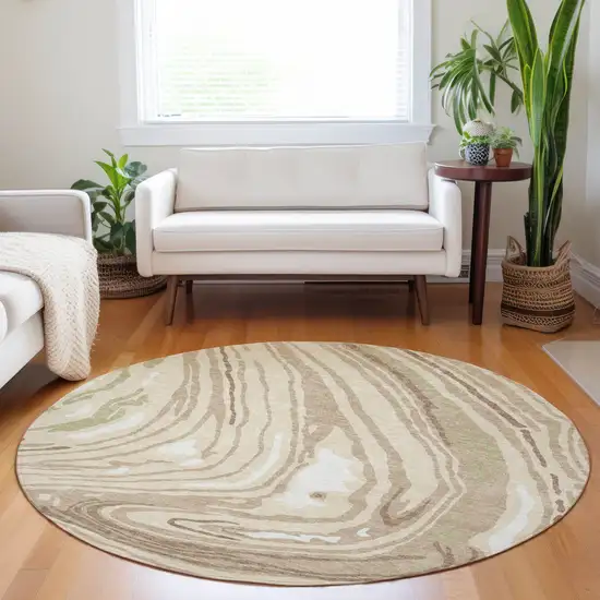 8' Beige Green And Brown Round Abstract Washable Indoor Outdoor Area Rug Photo 8