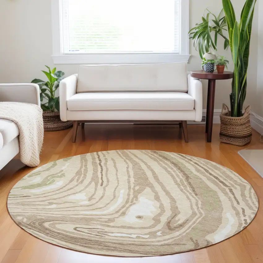 8' Beige Green And Brown Round Abstract Washable Indoor Outdoor Area Rug Photo 8
