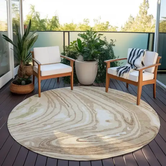 8' Beige Green And Brown Round Abstract Washable Indoor Outdoor Area Rug Photo 7