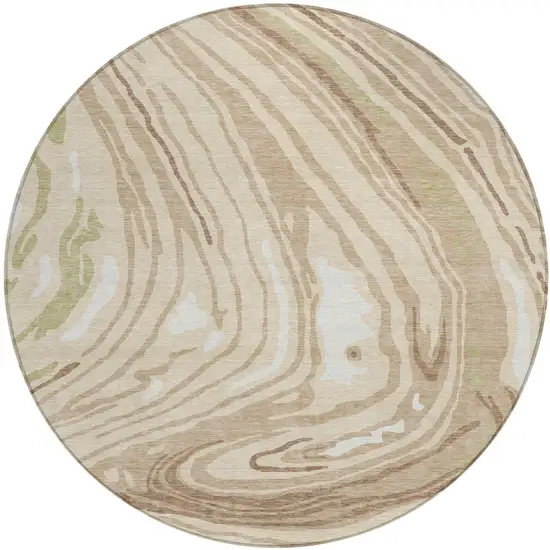 8' Beige Green And Brown Round Abstract Washable Indoor Outdoor Area Rug Photo 2