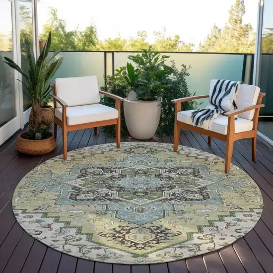 8' Beige Green And Brown Round Oriental Washable Indoor Outdoor Area Rug Photo 7