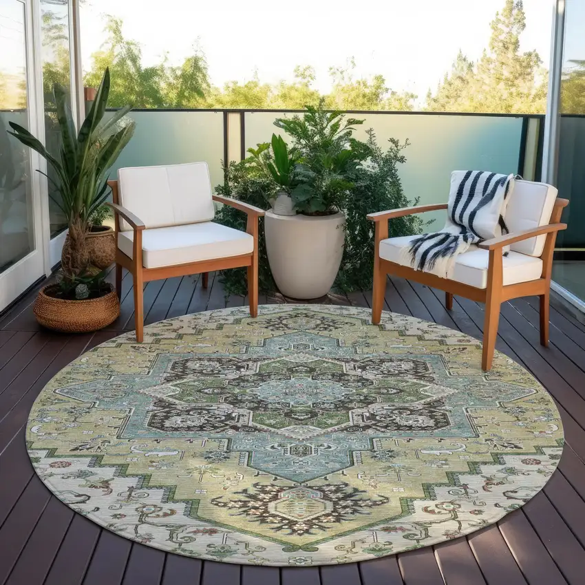 8' Beige Green And Brown Round Oriental Washable Indoor Outdoor Area Rug Photo 7