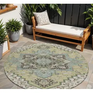 Photo of 8' Beige Green And Brown Round Oriental Washable Indoor Outdoor Area Rug