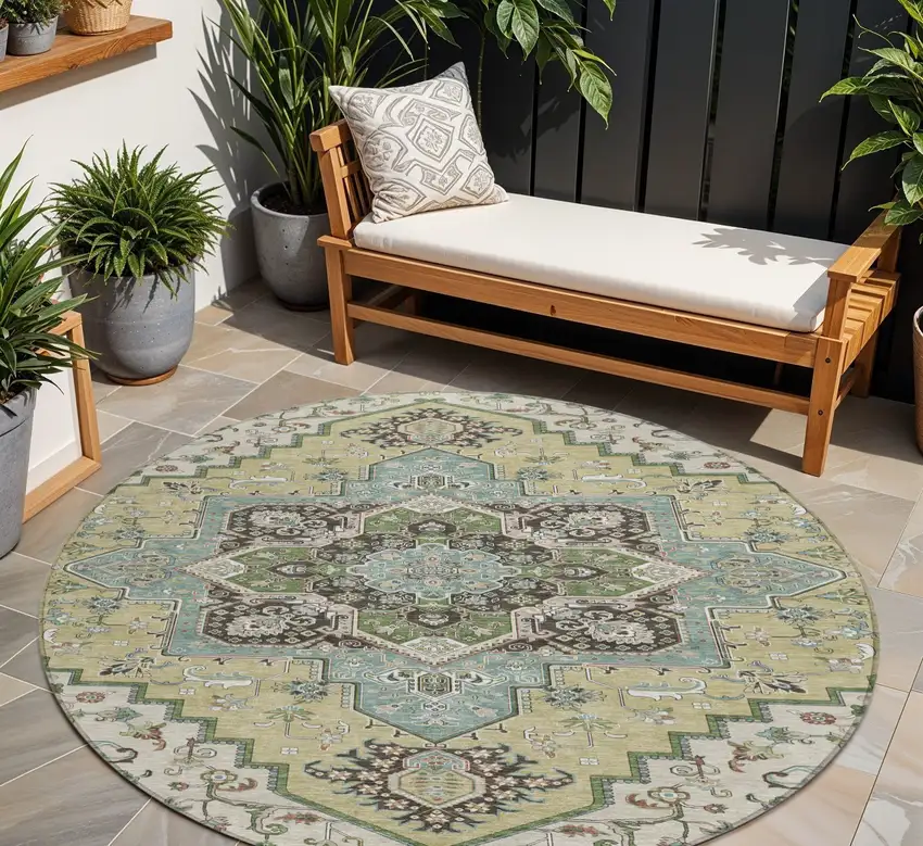 8' Beige Green And Brown Round Oriental Washable Indoor Outdoor Area Rug Photo 1