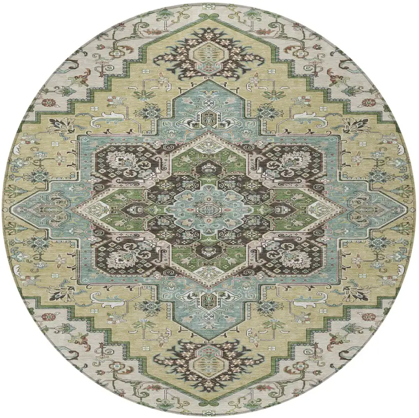 8' Beige Green And Brown Round Oriental Washable Indoor Outdoor Area Rug Photo 6