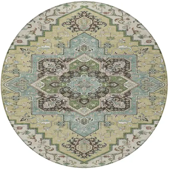 8' Beige Green And Brown Round Oriental Washable Indoor Outdoor Area Rug Photo 6