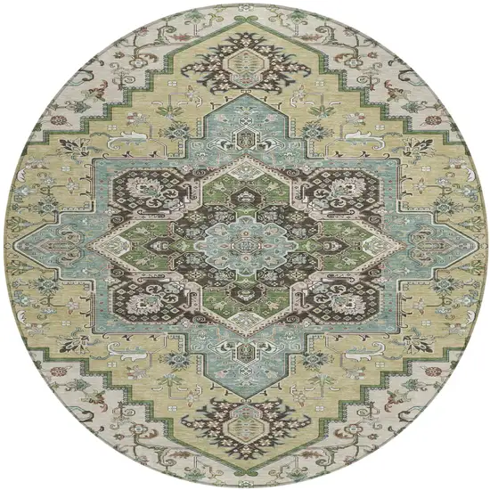 8' Beige Green And Brown Round Oriental Washable Indoor Outdoor Area Rug Photo 2