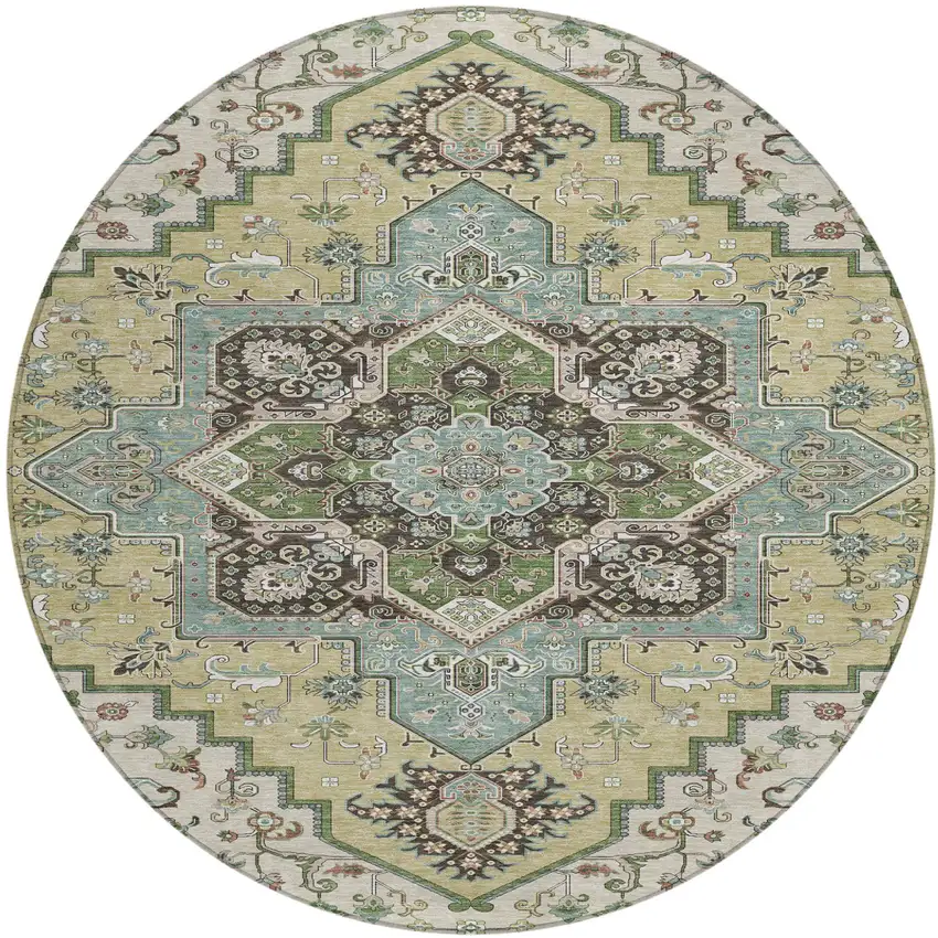 8' Beige Green And Brown Round Oriental Washable Indoor Outdoor Area Rug Photo 2
