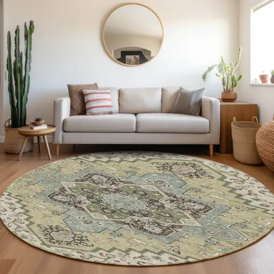 8' Beige Green And Brown Round Oriental Washable Indoor Outdoor Area Rug Photo 8