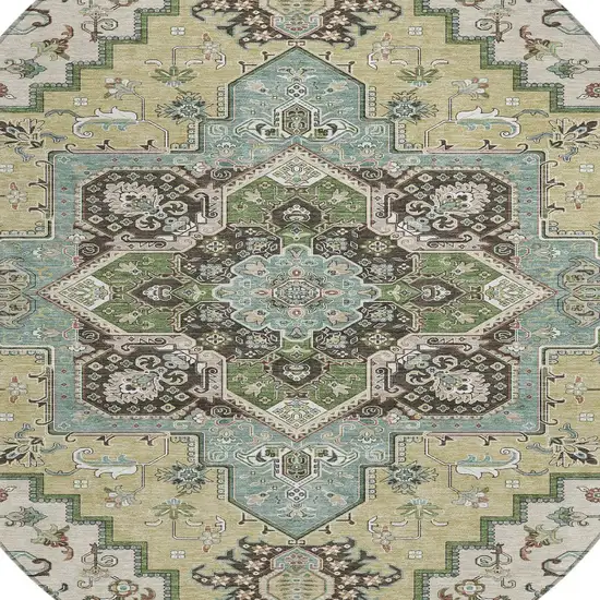 8' Beige Green And Brown Round Oriental Washable Indoor Outdoor Area Rug Photo 5