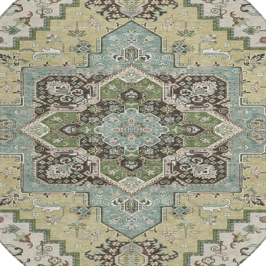 8' Beige Green And Brown Round Oriental Washable Indoor Outdoor Area Rug Photo 5