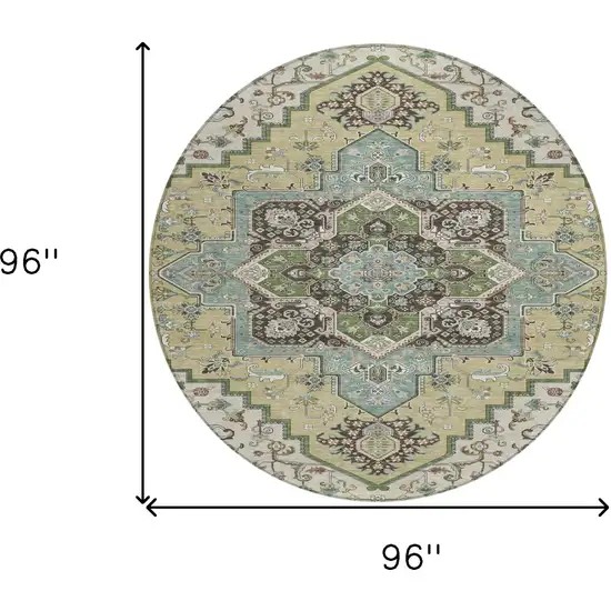8' Beige Green And Brown Round Oriental Washable Indoor Outdoor Area Rug Photo 3