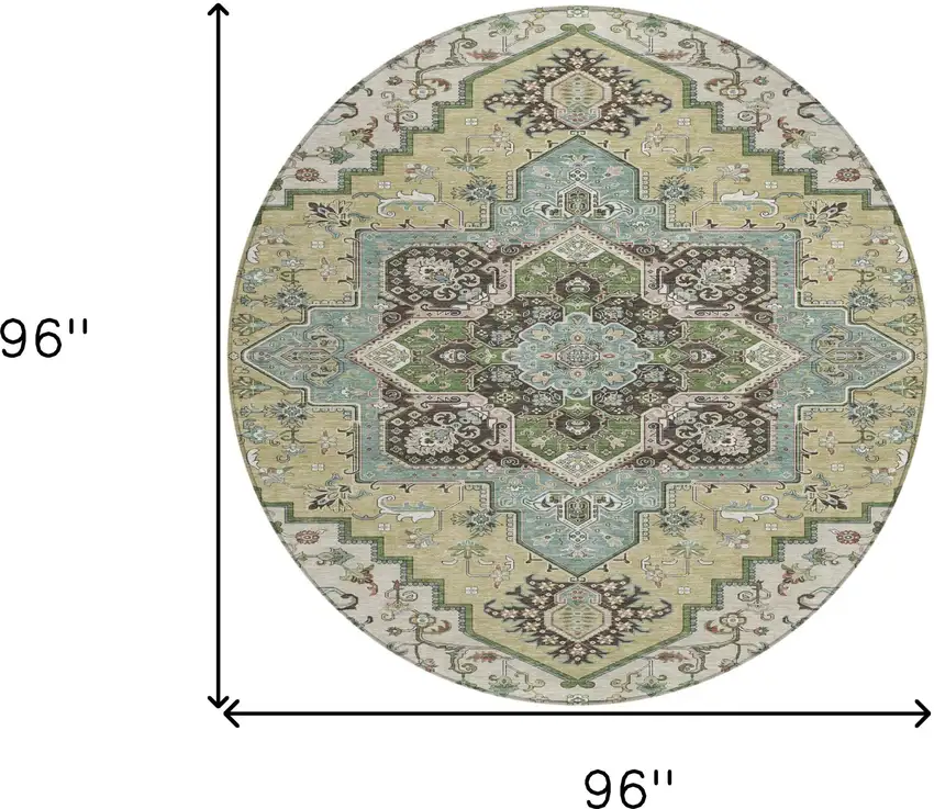 8' Beige Green And Brown Round Oriental Washable Indoor Outdoor Area Rug Photo 3