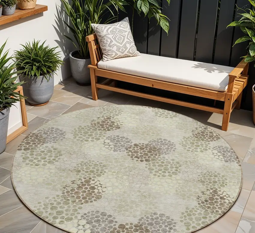 8' Beige Green And Ivory Round Polka Dot Washable Indoor Outdoor Area Rug Photo 1