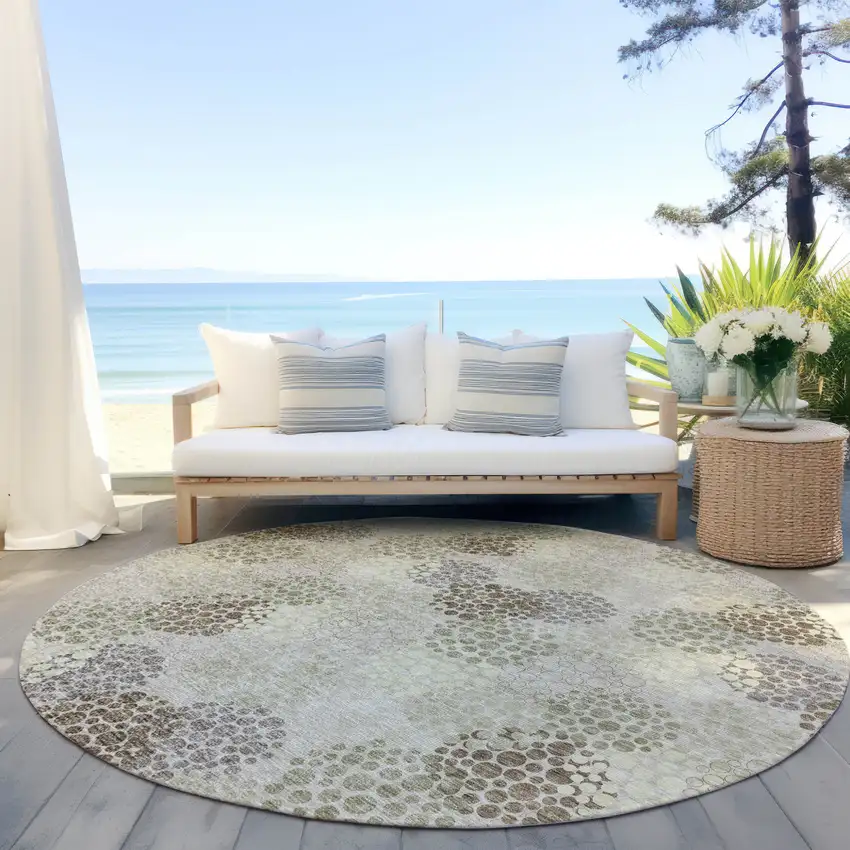 8' Beige Green And Ivory Round Polka Dot Washable Indoor Outdoor Area Rug Photo 6