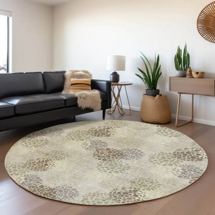 8' Beige Green And Ivory Round Polka Dot Washable Indoor Outdoor Area Rug Photo 7