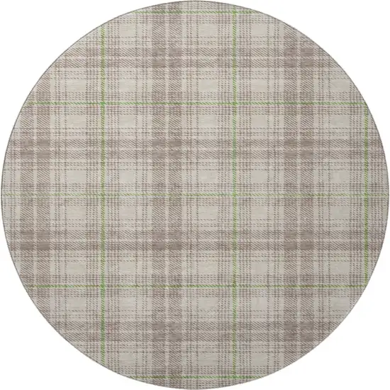 8' Beige Green And Tan Plaid Washable Round Rug With UV Protection Photo 2