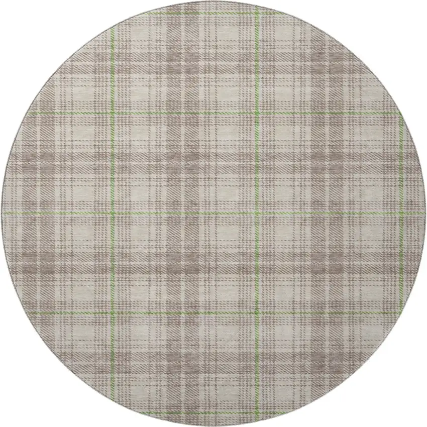 8' Beige Green And Tan Plaid Washable Round Rug With UV Protection Photo 2