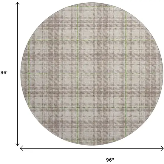 8' Beige Green And Tan Plaid Washable Round Rug With UV Protection Photo 8