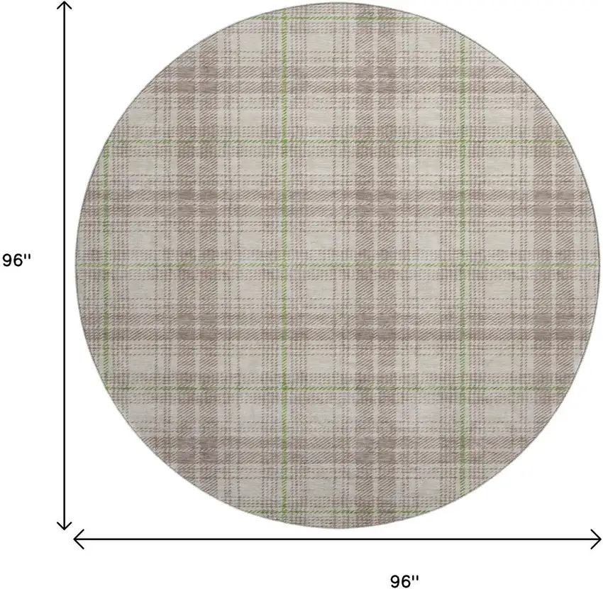 8' Beige Green And Tan Plaid Washable Round Rug With UV Protection Photo 8