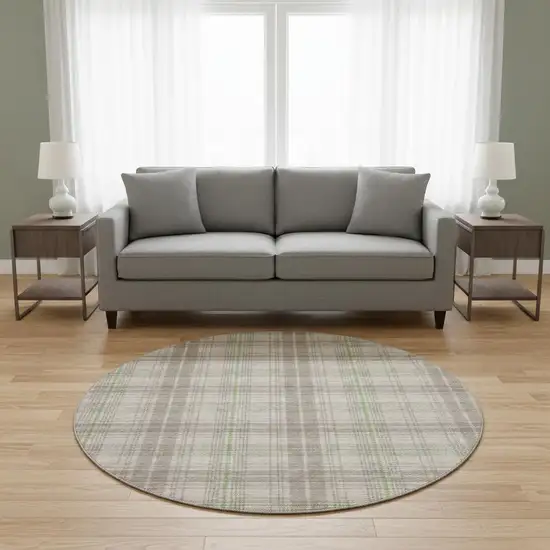 8' Beige Green And Tan Plaid Washable Round Rug With UV Protection Photo 2