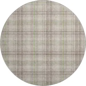 Photo of 8' Beige Green And Tan Plaid Washable Round Rug With UV Protection