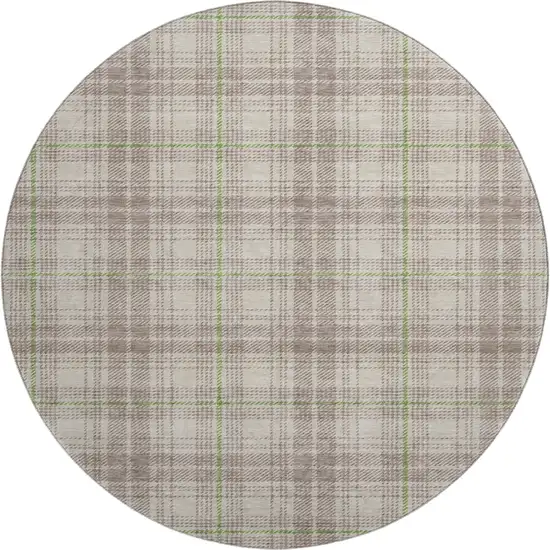 8' Beige Green And Tan Plaid Washable Round Rug With UV Protection Photo 1